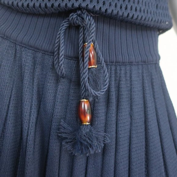 GUCCI TOM FORD OFF-SHOULDER BAMBOO TASSEL DRESS NAVY PLEATED MESH SIZE MEDIUM - Picture 2 of 8